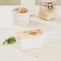 Mantequera cerámica con tapa de madera de roble Selbrae