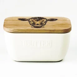 Mantequera cerámica con tapa de madera de roble Selbrae